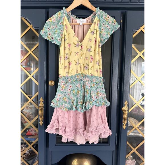 Yumi Kim Milly Dress XS | Floral Willlow Garden Patchwork Ruffle Mini Dress - Picture 2 of 9